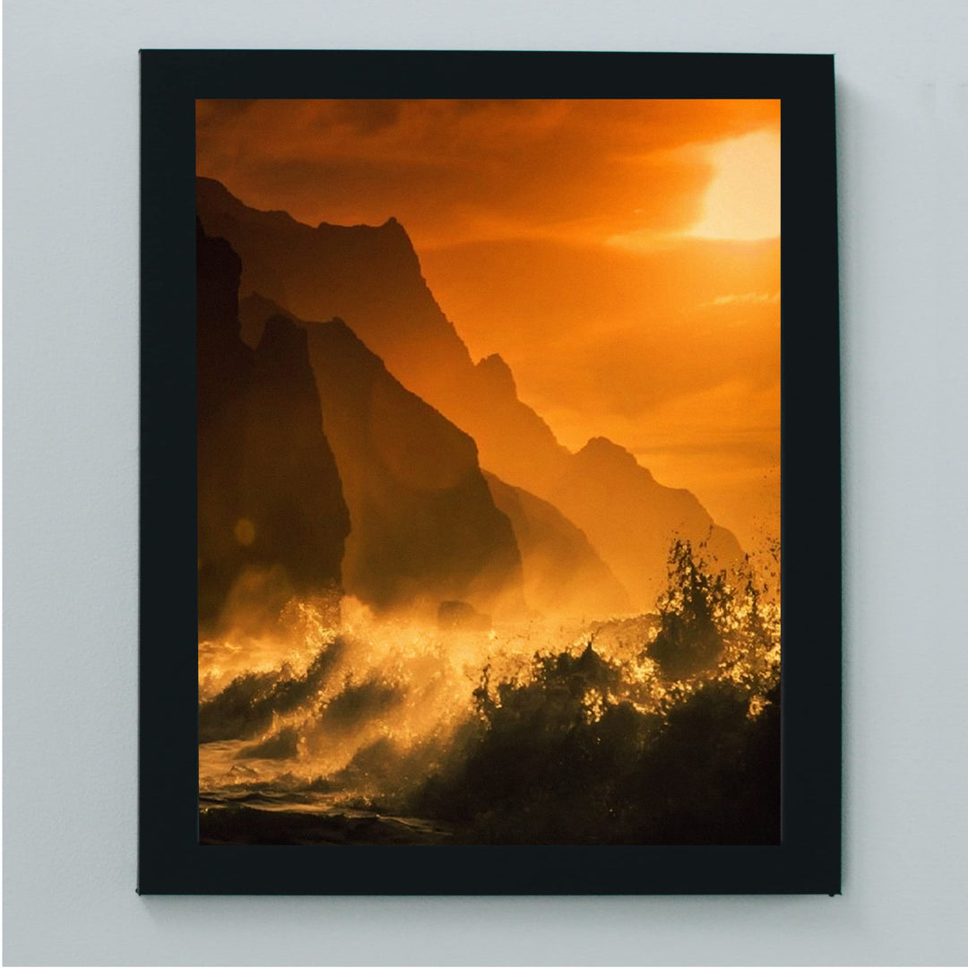 Sunset Beach with Waves Inspirational Ocean Wall Art -8 x 10" Beach &amp; Coastal Picture Print -Splashing Waves in the Sunset -Ready to Frame. Perfect Home-Bedroom-Office-Studio-Beach House Decor.