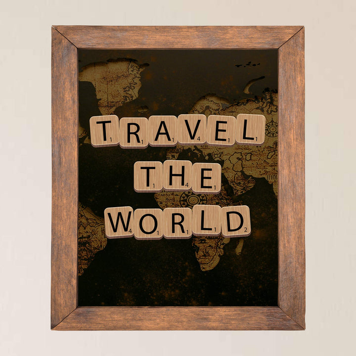 Travel the World Quotes-Map Print -11 x 14" Scrabble Piece Wall Art Print-Ready to Frame. Inspirational Home-Office-School-Library Decor. Funny Gift for Travelers &amp; Companions. Road Trip!