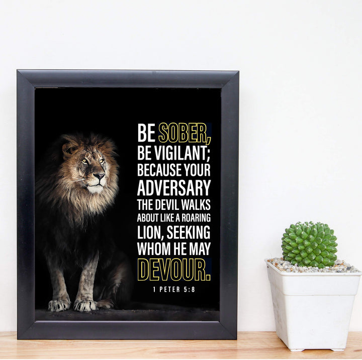 Be Sober-Be Vigilant- 1 Peter 5:8- Bible Verse Wall Art- 8x10"- Modern Scripture Wall Art Print w/Lion Image- Ready to Frame. Motivational Home-Office-Church Decor. Great Christian Gift &amp; Reminder!