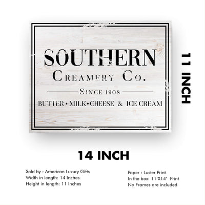 Southern Creamery Co.-Vintage Wall Art Sign -14 x 11" Replica Distressed Poster Print-Ready to Frame. Home-Kitchen-Pantry-Farmhouse Decor. Perfect Country Rustic Decoration! Printed on Paper.