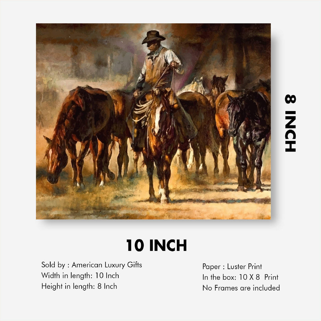 Cowboy Riding Horses- Western Wall Art Sign- 10 x 8"- Country Rustic Replica Art Print-Ready to Frame. Home-Lodge-Camp-Cabin Decor. Great Gift for Cowboys &amp; Horse Lovers!