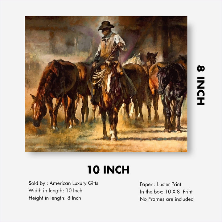 Cowboy Riding Horses- Western Wall Art Sign- 10 x 8"- Country Rustic Replica Art Print-Ready to Frame. Home-Lodge-Camp-Cabin Decor. Great Gift for Cowboys &amp; Horse Lovers!