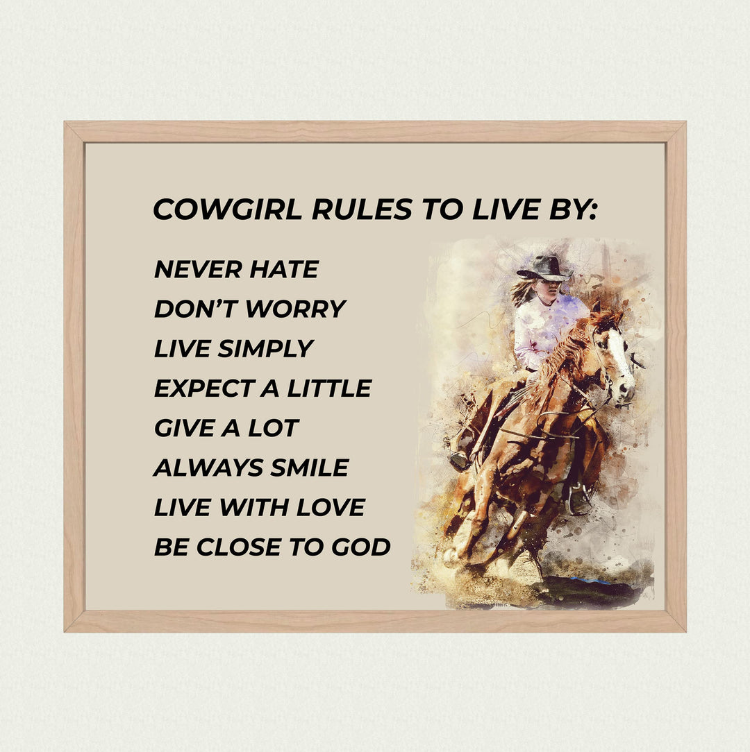 Cowgirl Rules-Never Hate-Live Simply- Western Wall Art Sign- 10 x 8"- Woman Riding Horse Photo Print -Ready to Frame. Country Rustic Decor for Home-Lodge-Camp-Cabin. Great Gift for All Cowgirls!