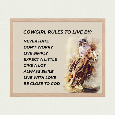 Cowgirl Rules-Never Hate-Live Simply- Western Wall Art Sign- 10 x 8"- Woman Riding Horse Photo Print -Ready to Frame. Country Rustic Decor for Home-Lodge-Camp-Cabin. Great Gift for All Cowgirls!