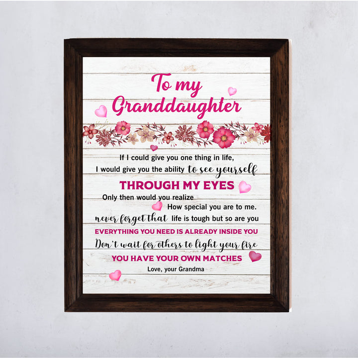 My Special Granddaughter - Love Grandma Inspirational Family Wall Art Sign -11 x 14" Pink Floral Heart Print -Ready to Frame. Perfect Home-Bedroom Decor. Loving Keepsake Gift for Teens &amp; Girls!