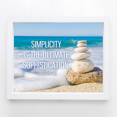 Leonardo Da Vinci Quotes-"Simplicity Is the Ultimate Sophistication"-Inspirational Wall Art -10 x 8" Beach Photo Print w/Stacked Stones Image-Ready to Frame. Home-Office-Studio-School-Library Decor.