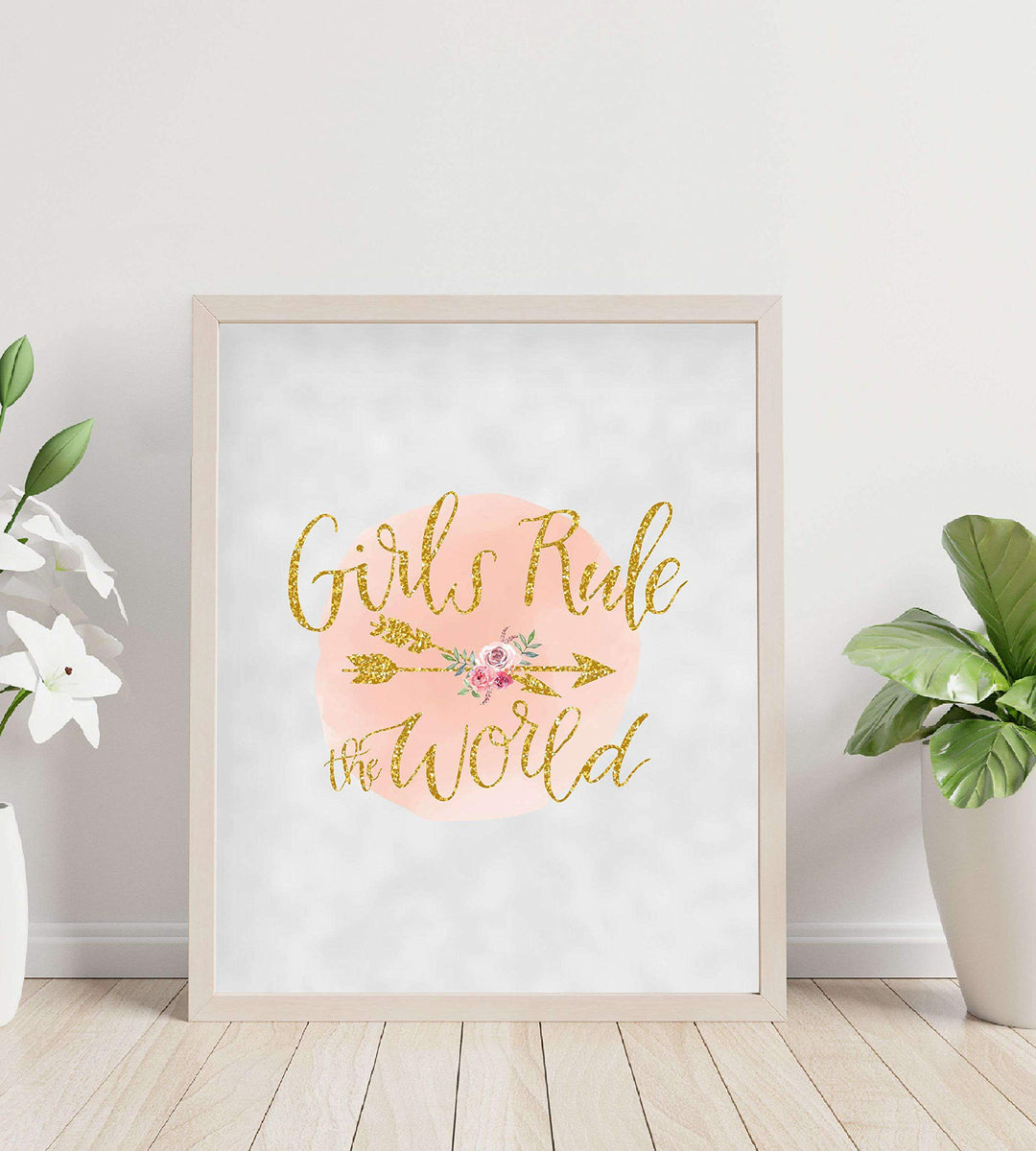 Girls Rule The World- 8 x 10"- Inspirational Wall Art- Ready to Frame. Gold Glitter-Floral Design Print- Home-Bedroom-Office D?cor. Perfect Fun Gift To Encourage Girls, Young Ladies &amp; Teens.