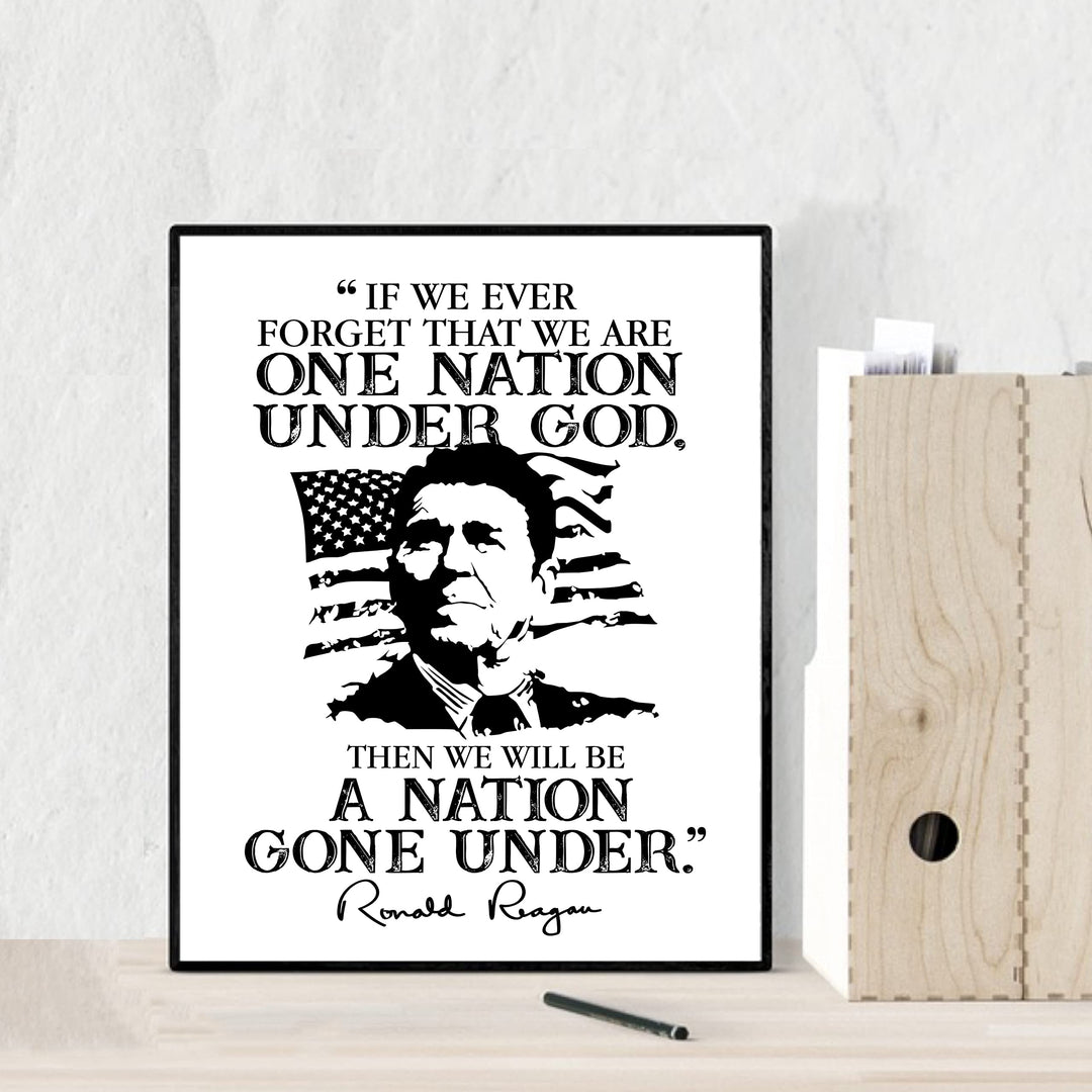 If We Forget We Are One Nation Under God-Ronald Reagan Quotes Wall Art -8x10" American Flag Silhouette Print-Ready to Frame. Presidential Home-Office-School Decor. Perfect Patriotic-Christian Gift!