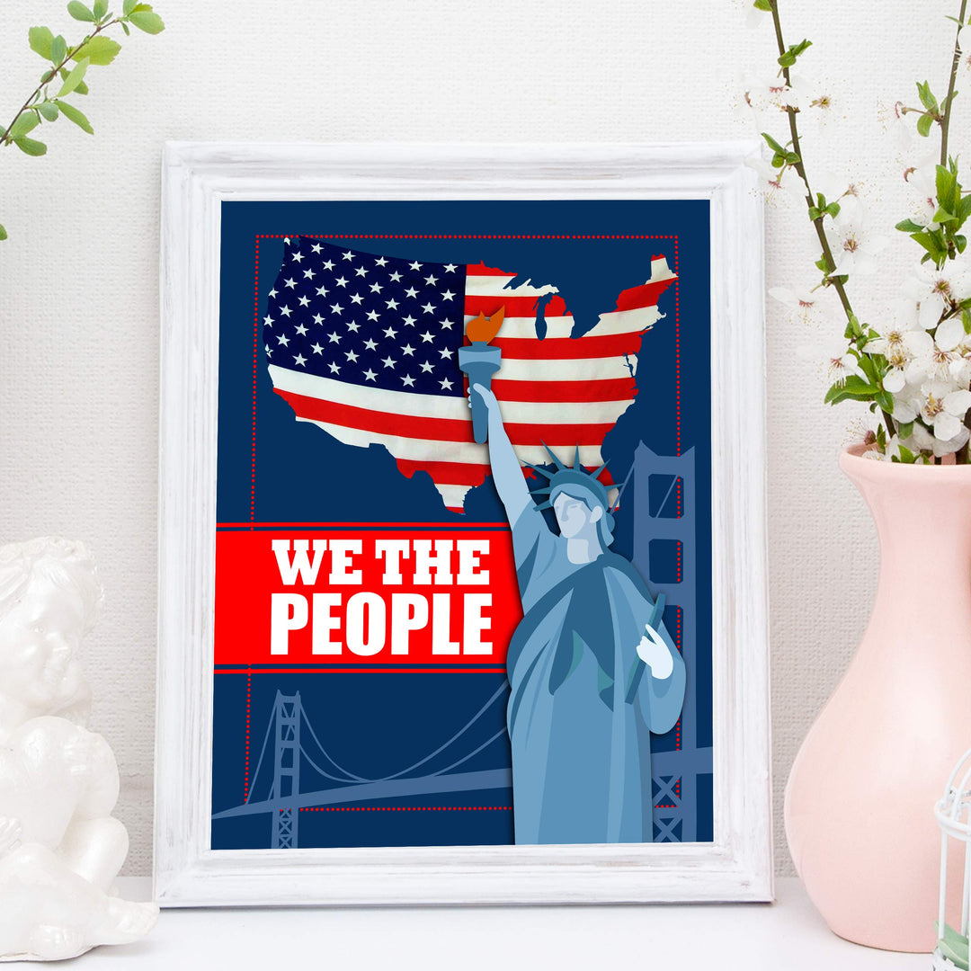 We the People-Patriotic Wall Art Sign-11 x 14" Statue of Liberty Poster Print w/American Flag Design-Ready to Frame. Home-Office-Library-School-Dorm-Cave Decor. Display Your American Pride!