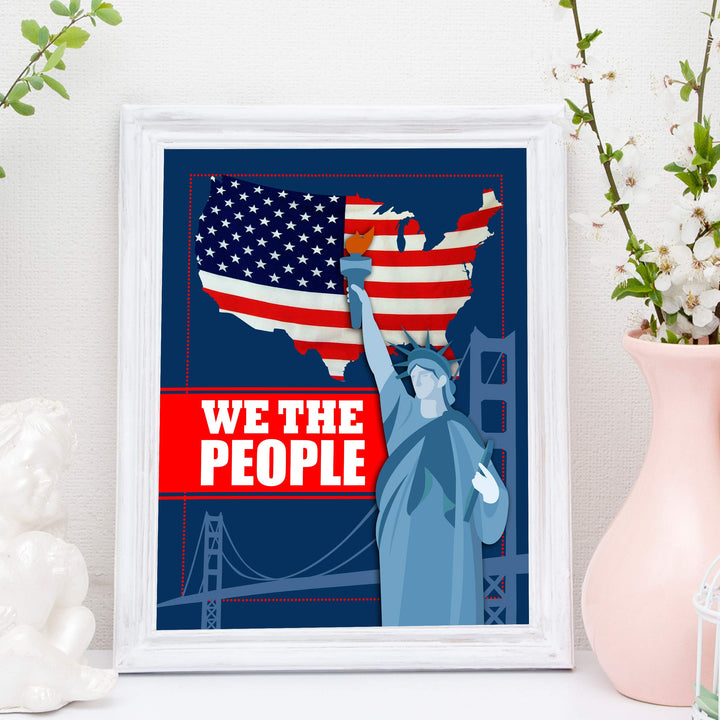 We the People-Patriotic Wall Art Sign-11 x 14" Statue of Liberty Poster Print w/American Flag Design-Ready to Frame. Home-Office-Library-School-Dorm-Cave Decor. Display Your American Pride!