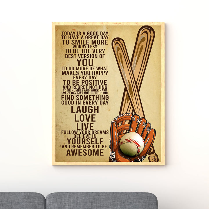Today Is a Good Day -Be Awesome Inspirational Baseball Wall Art Sign -11 x 14" Rustic Wooden Baseball Bat &amp; Glove Poster Print -Ready to Frame. Motivational Keepsake Gift for All Ball Players!