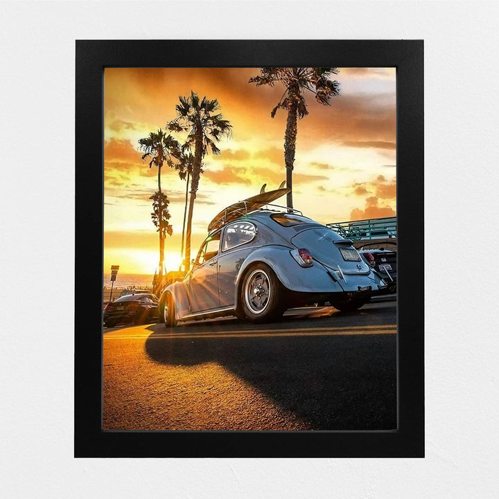Beetle Car at the Beach Inspirational Beach Sunset Photo Decor -8 x 10" Retro Car Wall Art Print with Surfboard Image -Ready to Frame. Ocean Themed Decoration for Home-Office-Dorm-Beach House!