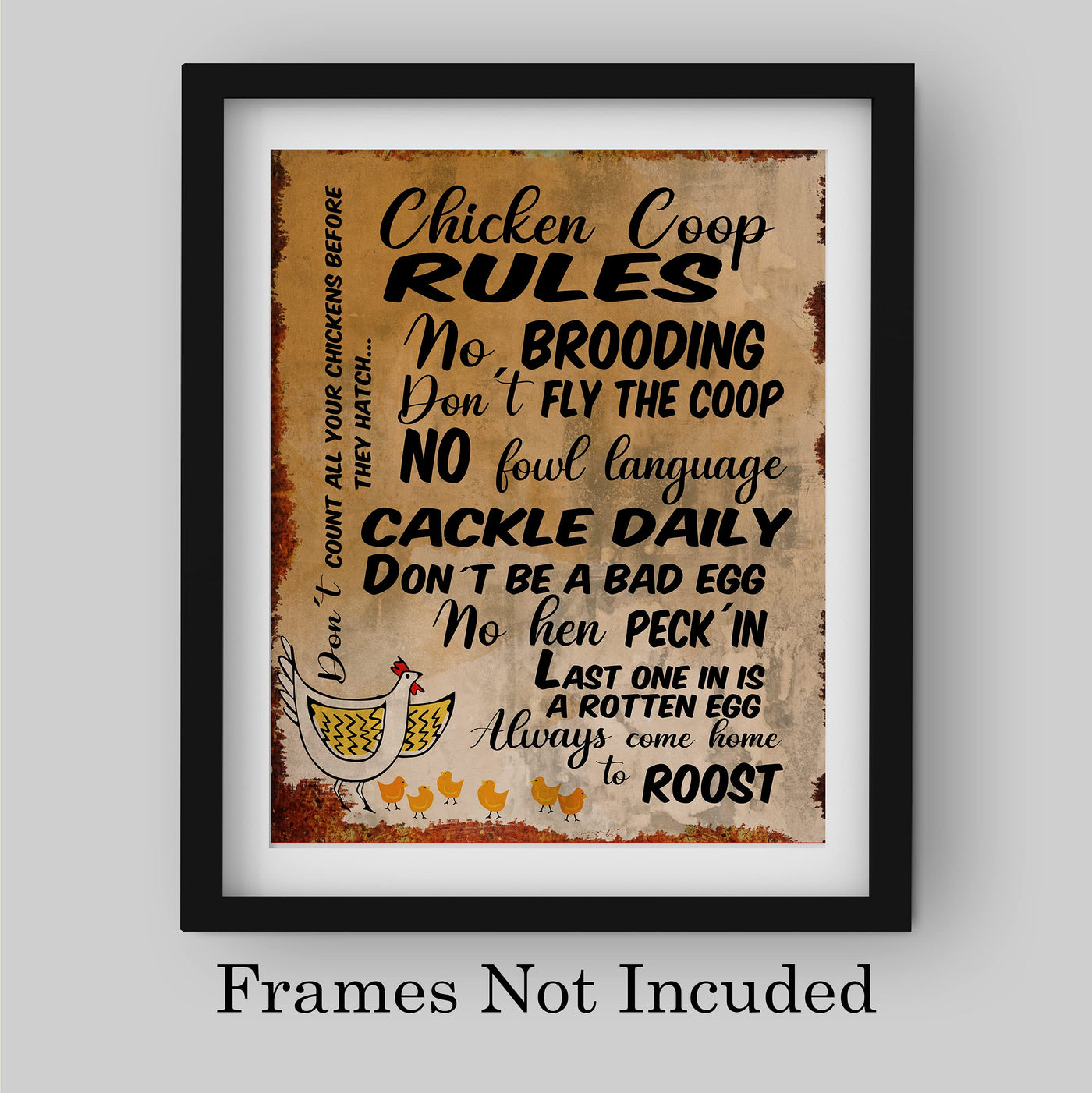 Chicken Coop Rules-Cackle Daily-Funny Farmhouse Wall Sign -8 x 10" Rustic Chicken Art Print-Ready to Frame. Retro Country Decor for Home-Kitchen-Farm-Patio. Great Gift! Printed on Photo Paper.