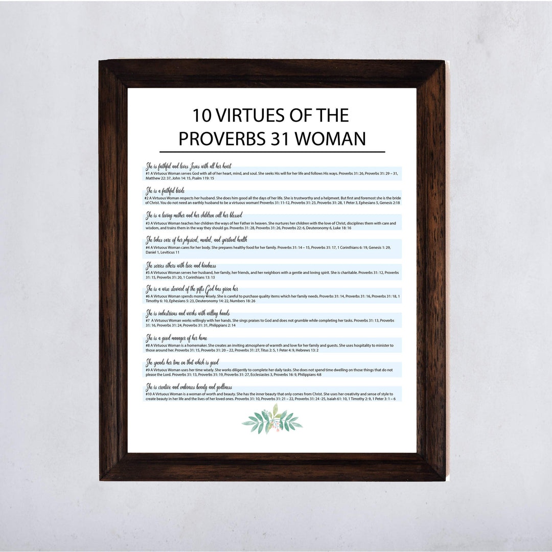 Ten Virtues of the Proverbs 31 Woman-Bible Verse Wall Art Sign -11 x 14" Scripture Wall Print-Ready to Frame. Inspirational Home-Office-Church Decor. Great Religious Gift for Christian Women!