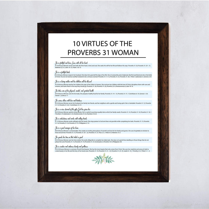 Ten Virtues of the Proverbs 31 Woman-Bible Verse Wall Art Sign -11 x 14" Scripture Wall Print-Ready to Frame. Inspirational Home-Office-Church Decor. Great Religious Gift for Christian Women!