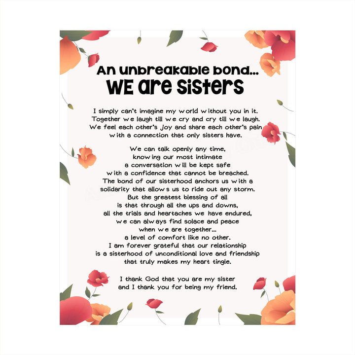 We Are Sisters Inspirational Poem Wall Art -8 x 10" Floral Poster Print-Ready to Frame. Modern Typographic Design. Perfect Home-Office-Studio Decor. Loving, Keepsake Gift for All Sisters!