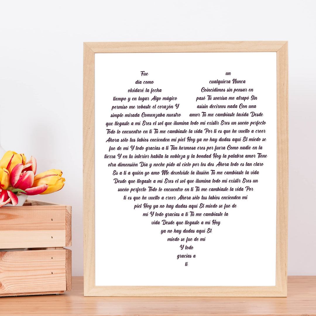 "Tu Me Cambiaste La Vida" Spanish Love Song Wall Art -11 x 14" Romantic Music Lyrics Wall Print -Ready to Frame. Loving Home-Bedroom-Studio Decor. Cute Gift for Couples &amp; Valentines!