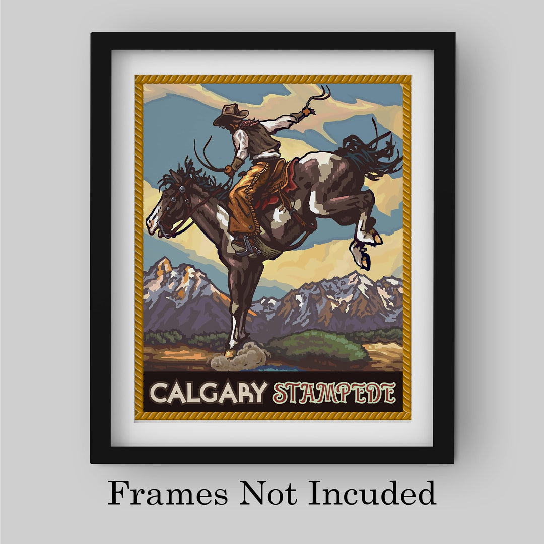 "Calgary Stampede" Cowboy Riding Horse Wall Art Sign -8 x 10" Country Rustic Rodeo Poster Print -Ready to Frame. Home-Office-Farmhouse Decor. Perfect Gift for All Cowboys &amp; Cowgirls!