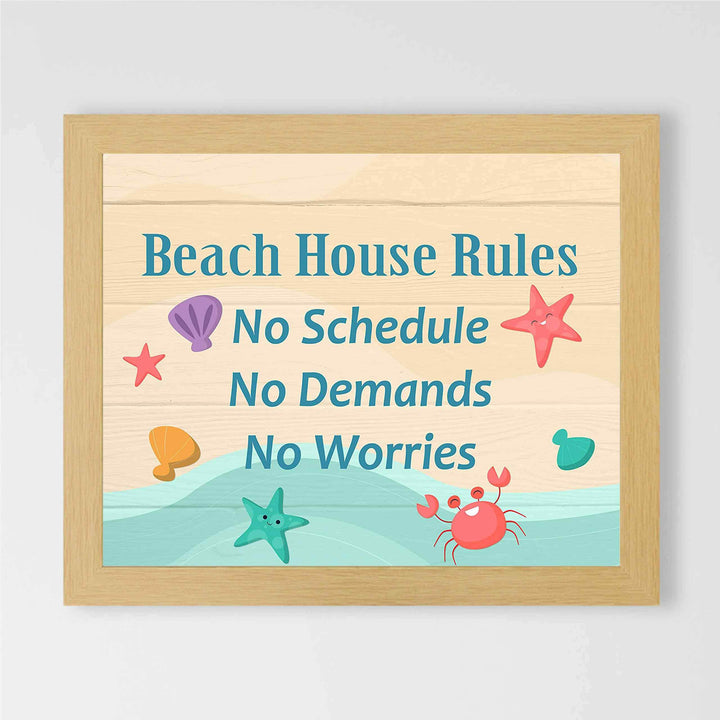 Beach House Rules-No Schedules, Demands, Worries Fun, Rustic Vacation Sign -10 x 8" Typographic Wall Print w/Replica Wood Design-Ready to Frame. Home-Cabin-Beach-Nautical Decor. Printed on Paper.