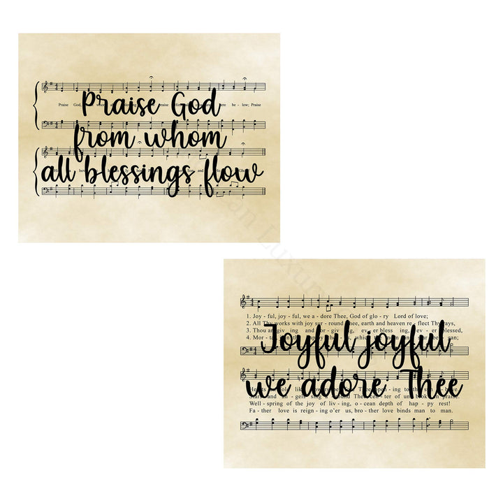 Praise Hymns- Sheet Music Wall Decor Set (2)- 10 x 8" Wall Art Print. Doxology &amp; Hymn to Joy Lyrics-Parchment Prints-Ready To Frame. Home-Office-Studio-Church Decor. Perfect Gift of Classic Hymns.