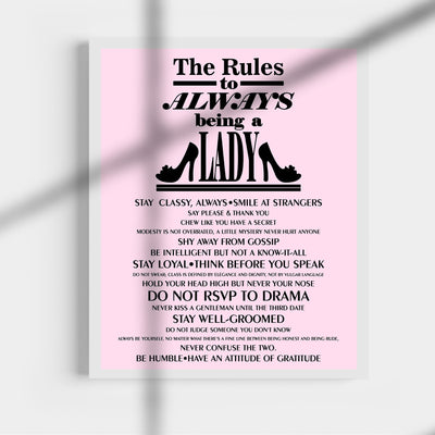 The Rules to Always Being a Lady Motivational Wall Art for Teen Girls -11 x 14" High Heels Poster Print -Ready to Frame. Inspirational Home-Office-Bedroom-Salon Decor. Great Advice for All Women!