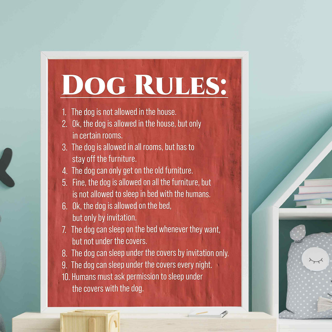 Dog Rules Funny Wall Sign -11 x 14" Typographic Art Print-Ready to Frame. Home-Kitchen-Entryway Decor. Great Housewarming Gift-Perfect for Dog Lovers! Humorous Reminders for Guests &amp; Pet Owners!