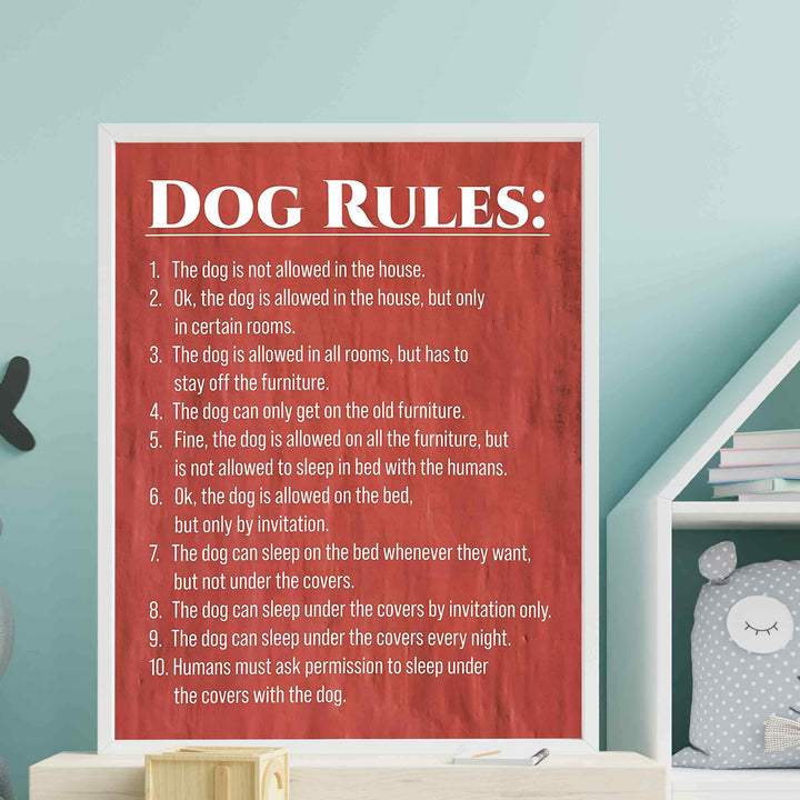 Dog Rules Funny Wall Sign -11 x 14" Typographic Art Print-Ready to Frame. Home-Kitchen-Entryway Decor. Great Housewarming Gift-Perfect for Dog Lovers! Humorous Reminders for Guests &amp; Pet Owners!