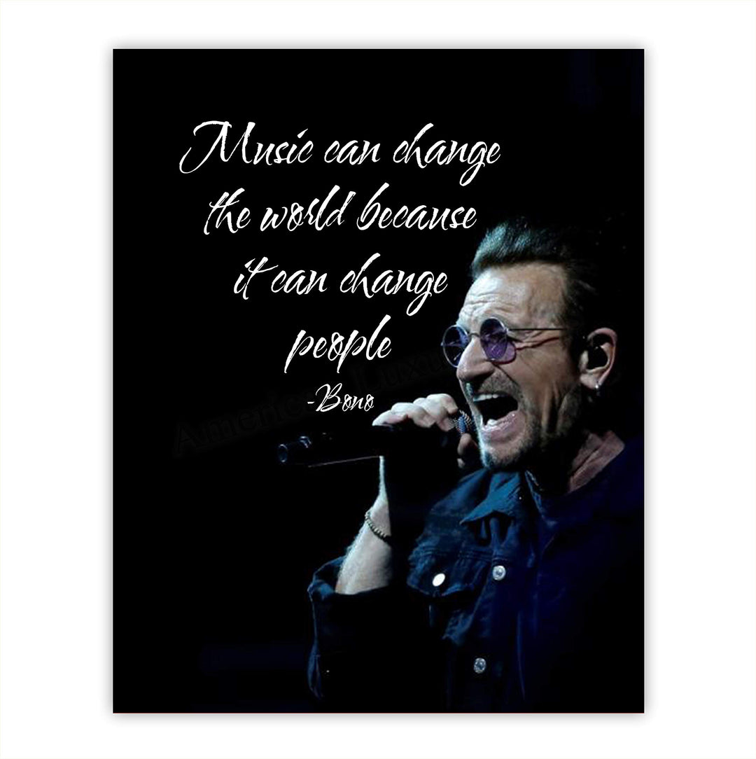 Bono-"Music Can Change the World-People"-Inspirational Quotes Wall Art-8 x 10" Retro Typographic Silhouette Print-Ready to Frame. Home-Office-Studio-Bar-Cave Decor. Perfect for U2 &amp; All Rock Fans!