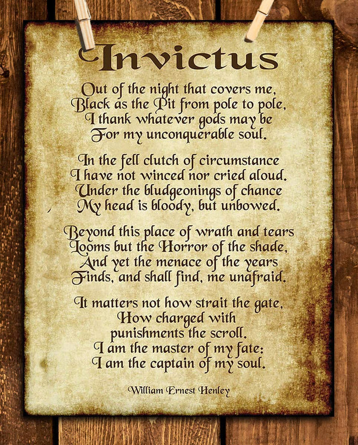 Invictus by William Henley-Poetry Wall Art- 8 x 10" Wall Print Decor. Scripted Font Poem on Replica Distressed Parchment Print-Ready To Frame. Home-Bedroom-Office Decor. Great Gift for Poetry Fans!