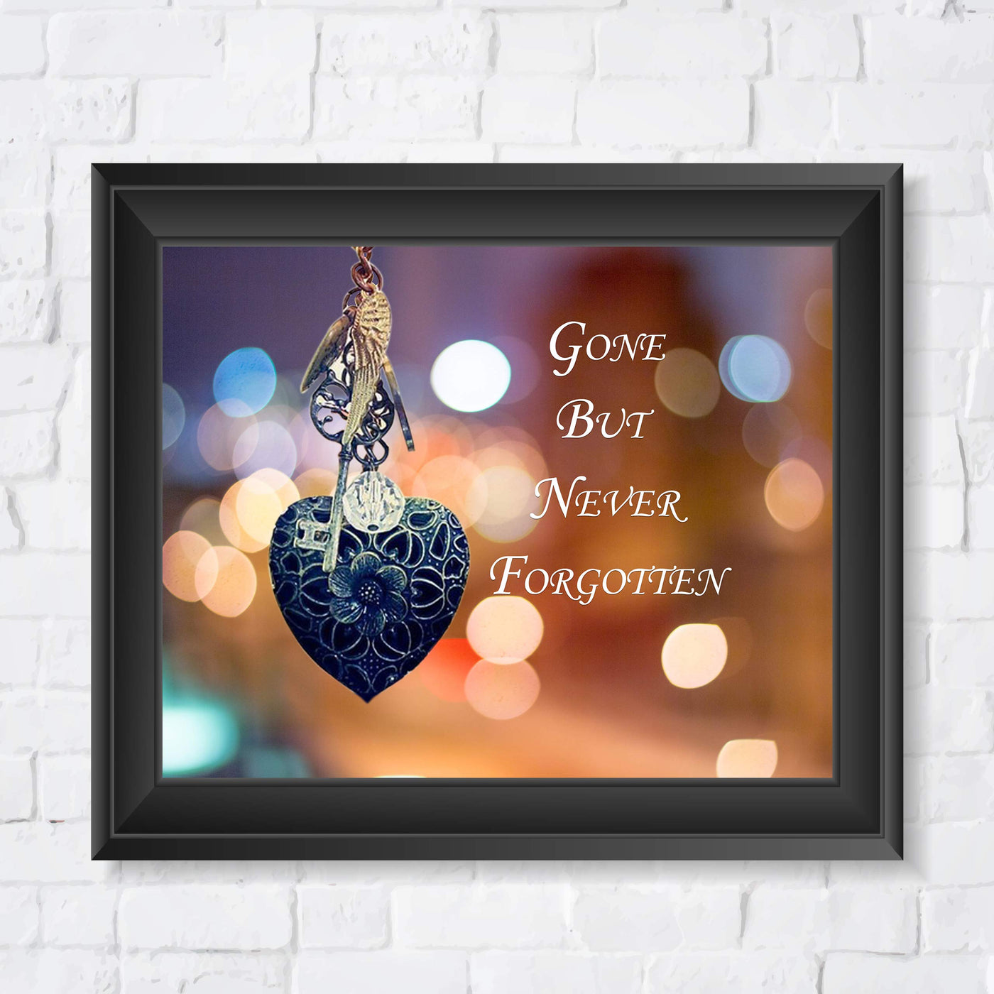 Gone But Never Forgotten-Inspirational Wall Art Decor -10 x 8" Memorial Poster Print w/Heart, Key, and Angel Wing Images-Ready to Frame. Loving, Sentimental Keepsake for Family and Friends.