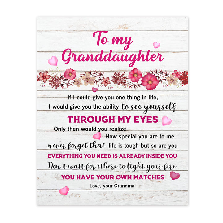 My Special Granddaughter - Love Grandma Inspirational Family Wall Art Sign -11 x 14" Pink Floral Heart Print -Ready to Frame. Perfect Home-Bedroom Decor. Loving Keepsake Gift for Teens &amp; Girls!