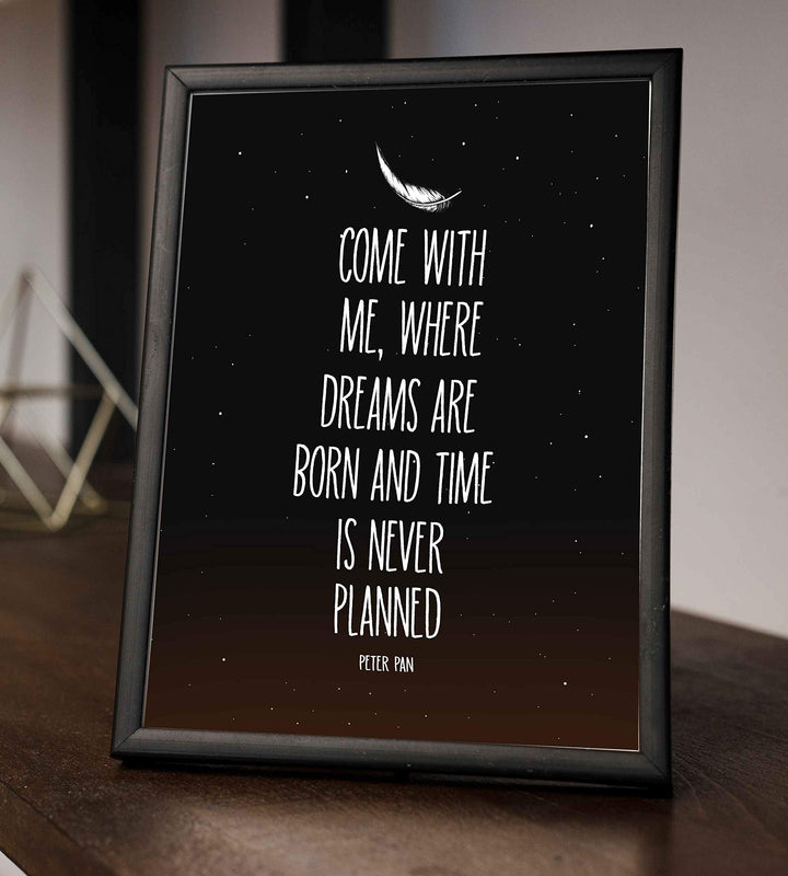 Peter Pan Quotes-"Where Dreams Are Born &amp; Time Never Planned"-8 x 10 Wall Art Sign-Ready to Frame. Starry Night Typographic Print. Perfect for Home-Bedroom-Play Room Decor. Great for Peter Pan Fans!