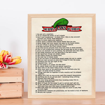 Murphy's Laws of Combat-Funny Military Wall Art Sign -11 x 14" Replica Distressed Patriotic Print-Ready to Frame. Home-Office-Military-Shop-Man Cave Decor. Perfect Gift for Veterans & All Soldiers!