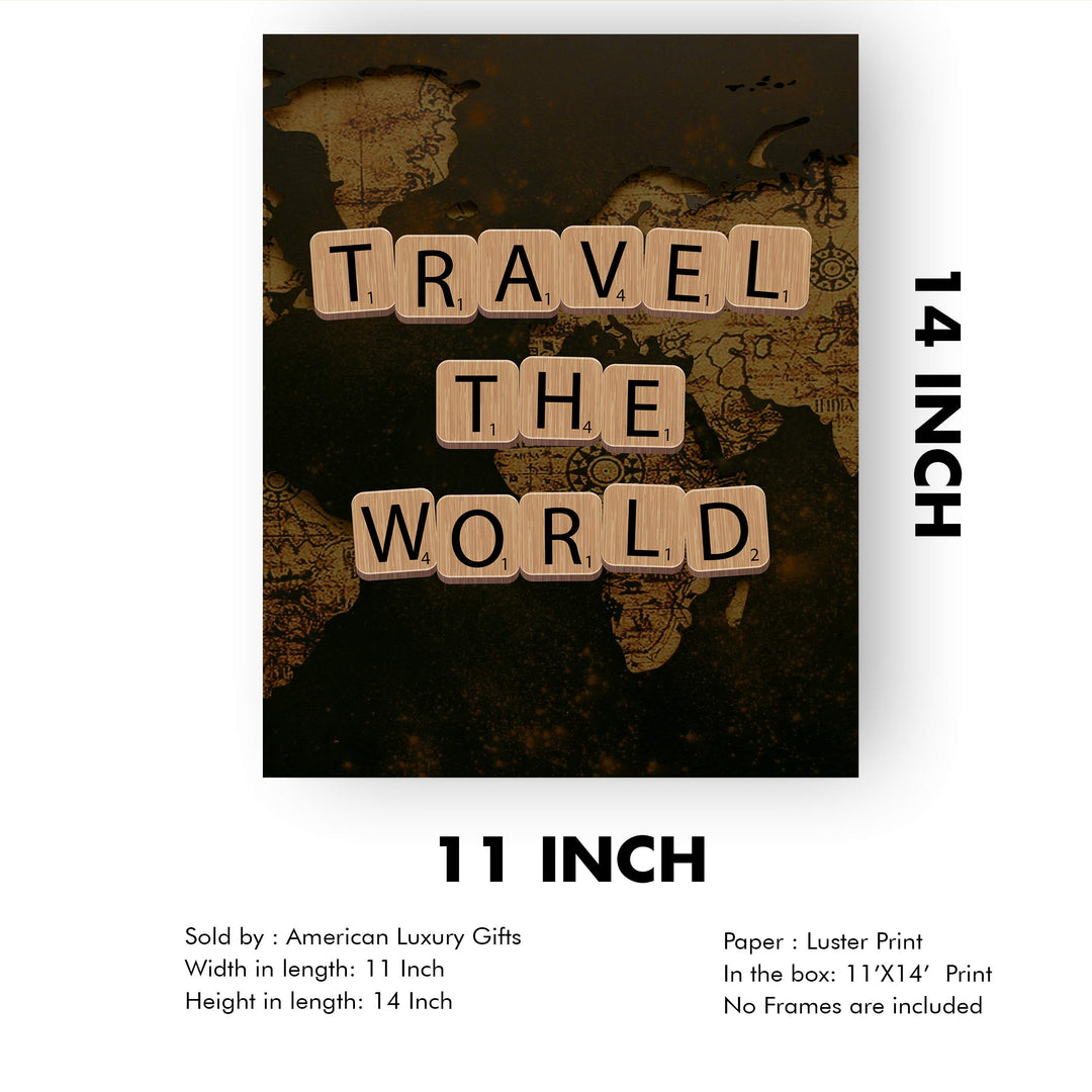 Travel the World Quotes-Map Print -11 x 14" Scrabble Piece Wall Art Print-Ready to Frame. Inspirational Home-Office-School-Library Decor. Funny Gift for Travelers &amp; Companions. Road Trip!