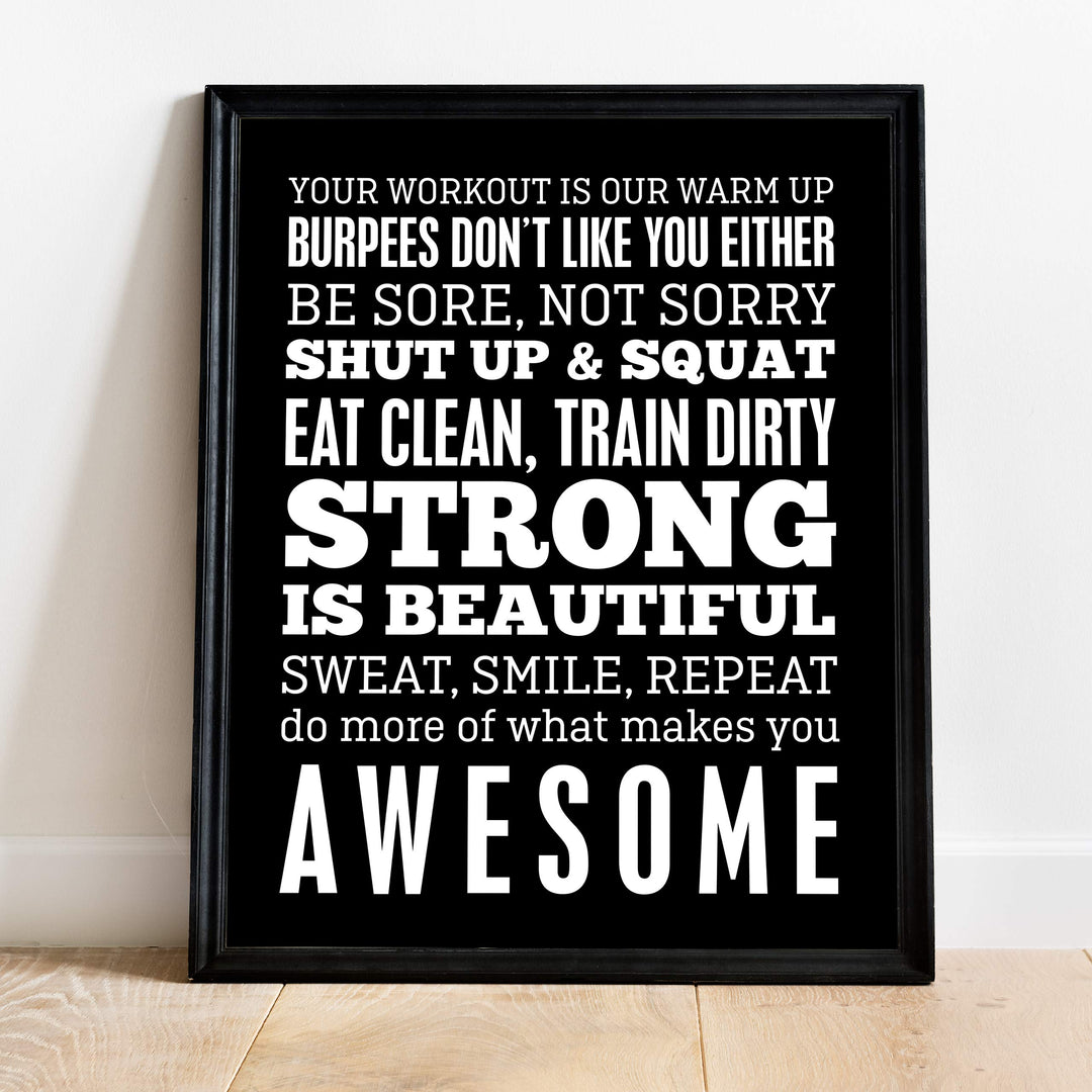 Be Sore, Not Sorry-Sweat, Smile, Repeat-11 x 14" Motivational Exercise Poster Print. Funny Typographic Wall Art Sign- Ready to Frame. Home-Office-Gym-Garage Decor. Great Novelty Gift of Motivation!