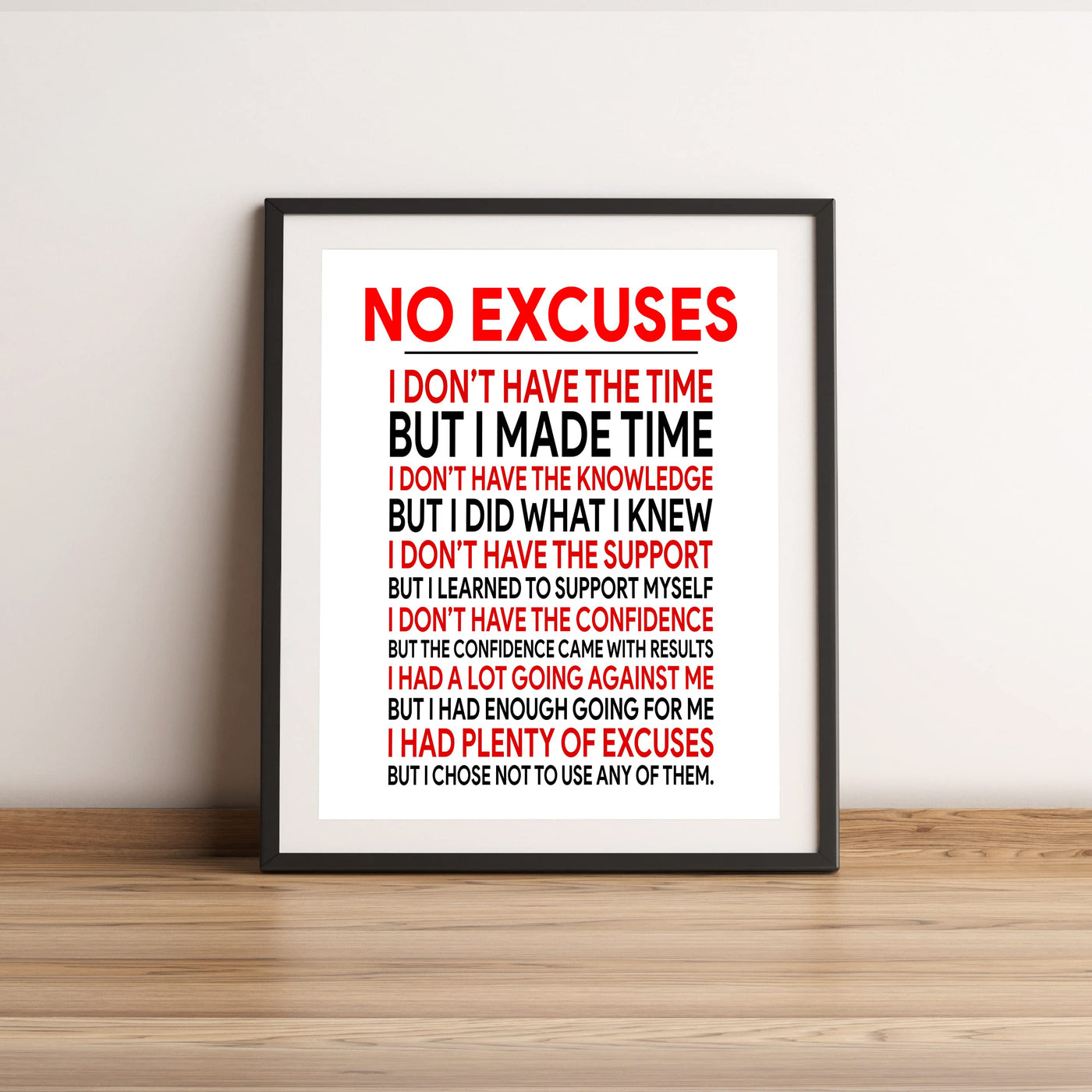 No Excuses Motivational Exercise Wall Art Sign -11 x 14" Inspirational Fitness Poster Print -Ready to Frame. Perfect Decoration for Home-Gym-Weight-Locker Room Decor. Great Gift of Motivation!