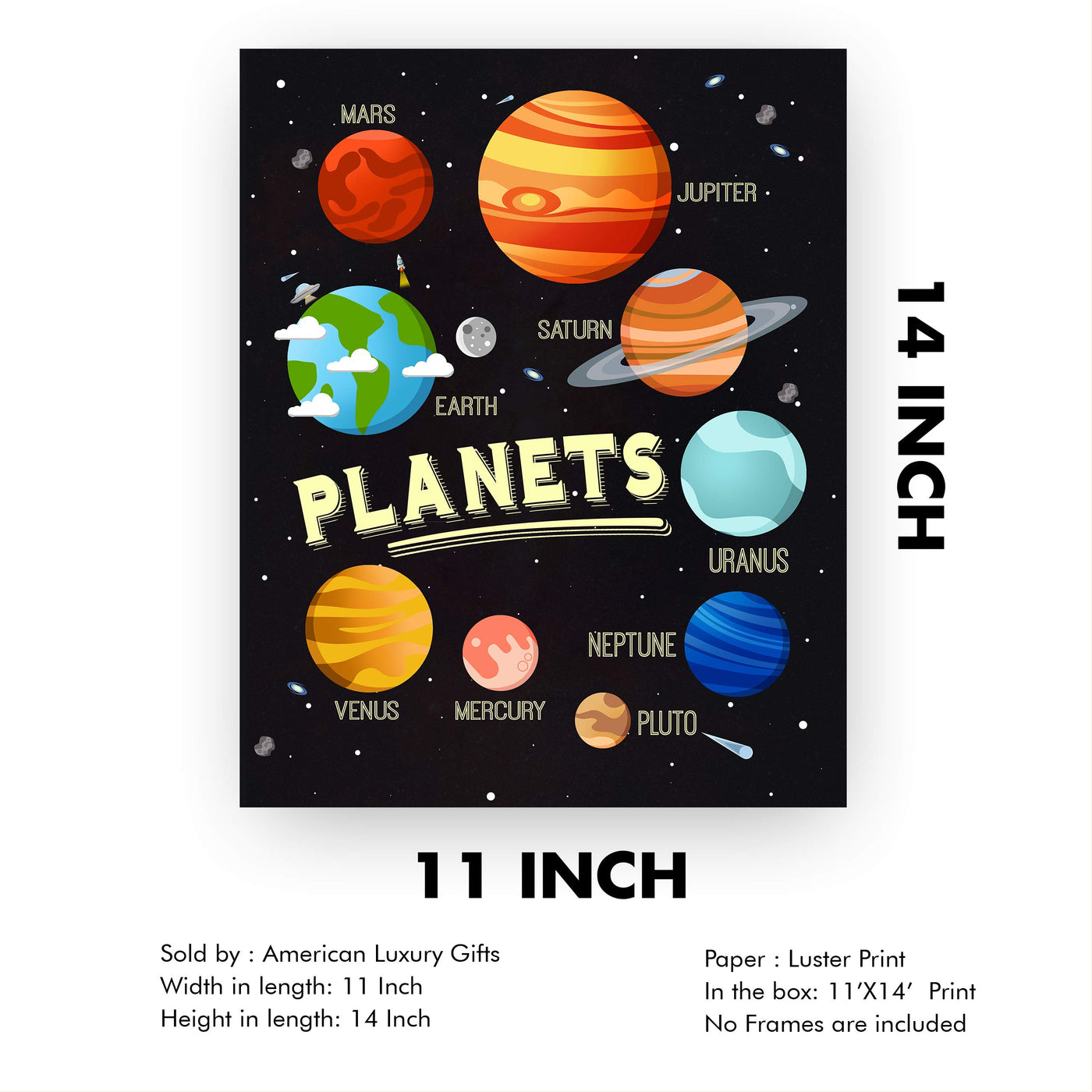 Planets of the Solar System-Elementary Science Wall Art -11 x 14" Educational Poster Print-Ready to Frame. Perfect Kids Bedroom-Homeschool-Science Classroom-Outer Space Decor. Great Learning Gift!