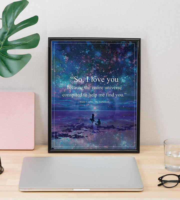 Paulo Coelho Wall Art-"Entire Universe Conspired to Help Me Find You" Book Quote from"The Alchemist"-8x10" Inspirational Starry Night Print-Ready to Frame. Great Gift of Love for Spouse-Partner-BFF!