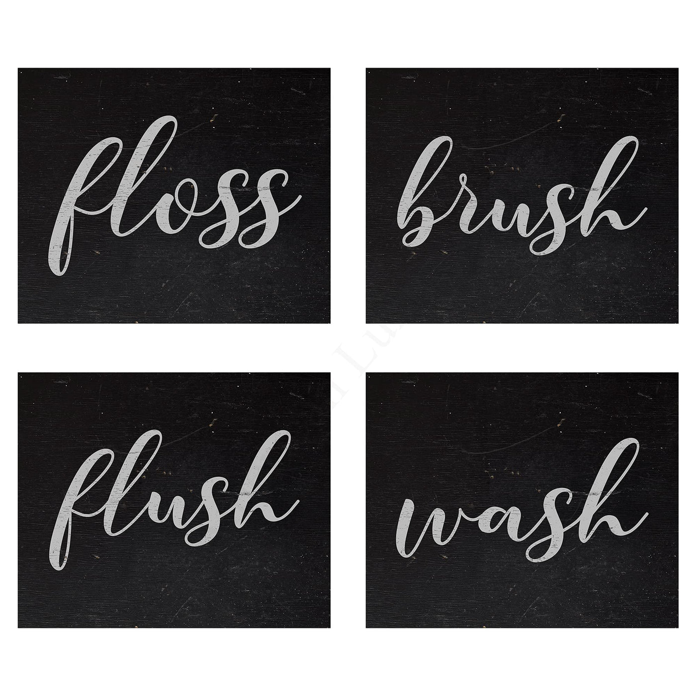 Floss-Brush-Flush-Wash Funny Bathroom Decor-Set of (4)-10 x 8" Typographic Wall Prints-Ready to Frame. Rustic Farmhouse Design. Humorous Signs-Fun Home-Guest Bathroom Decor! Printed on Photo Paper.
