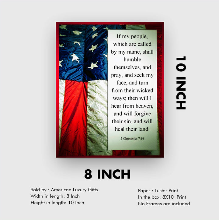 ?If My People Shall Humble Themselves &amp; Pray"-2 Chronicles 7:14-Bible Verse Wall Art -8 x 10" American Flag Scripture Print-Ready to Frame. Inspirational Home-Office-Church-Christian-Patriotic Decor!