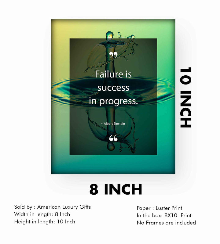 Albert Einstein-"Failure Is Success In Progress" Motivational Quotes Wall Art-8 x 10" Typographic Poster Print-Ready to Frame. Inspirational Home-Office-Dorm Decor. Positive Classroom Decoration!