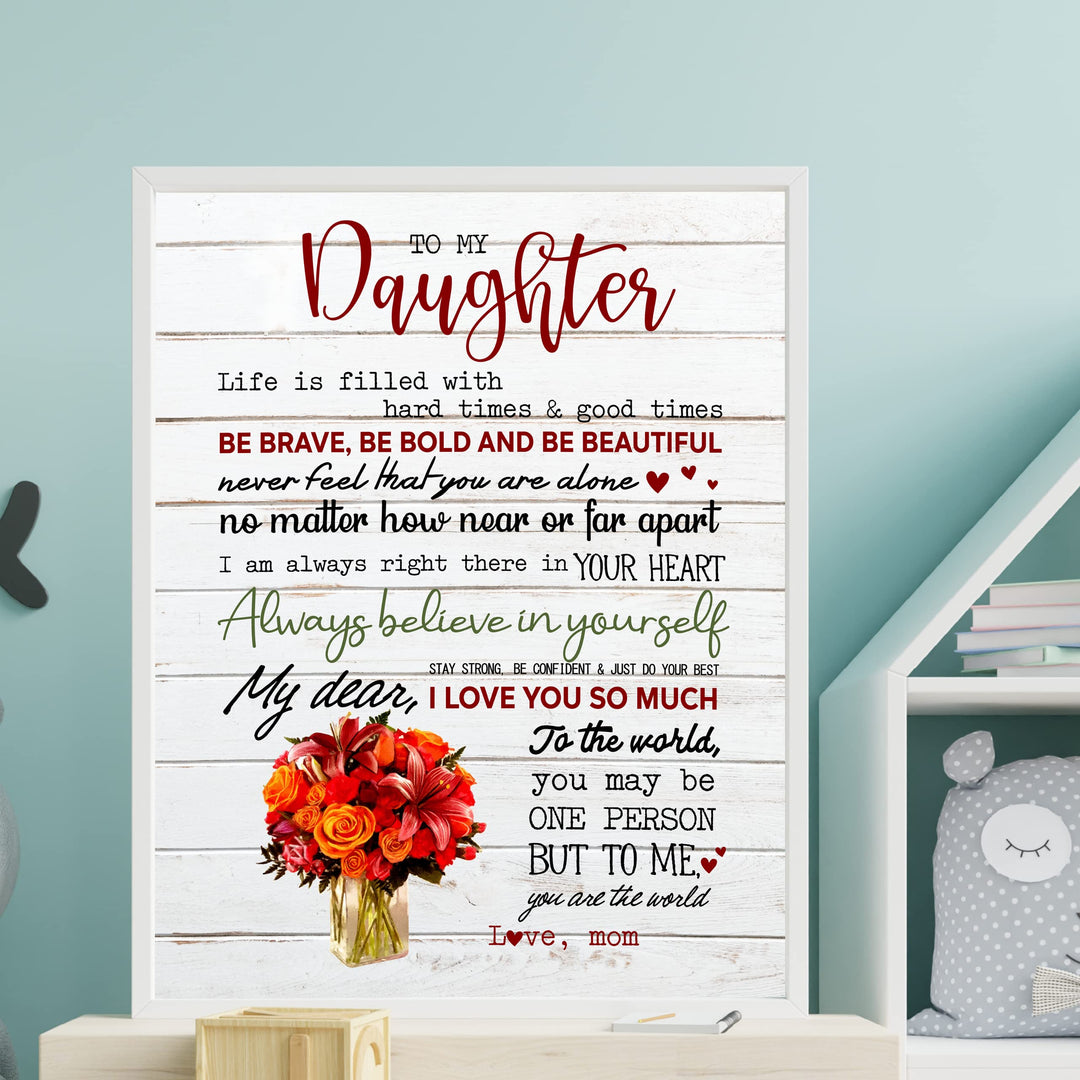 To My Daughter -Be Brave &amp; Bold- Love Mom Inspirational Family Wall Art -11 x 14" Rustic Floral Wood Design Print -Ready to Frame. Home-Bedroom Decor. Loving, Keepsake Gift for All Daughters!