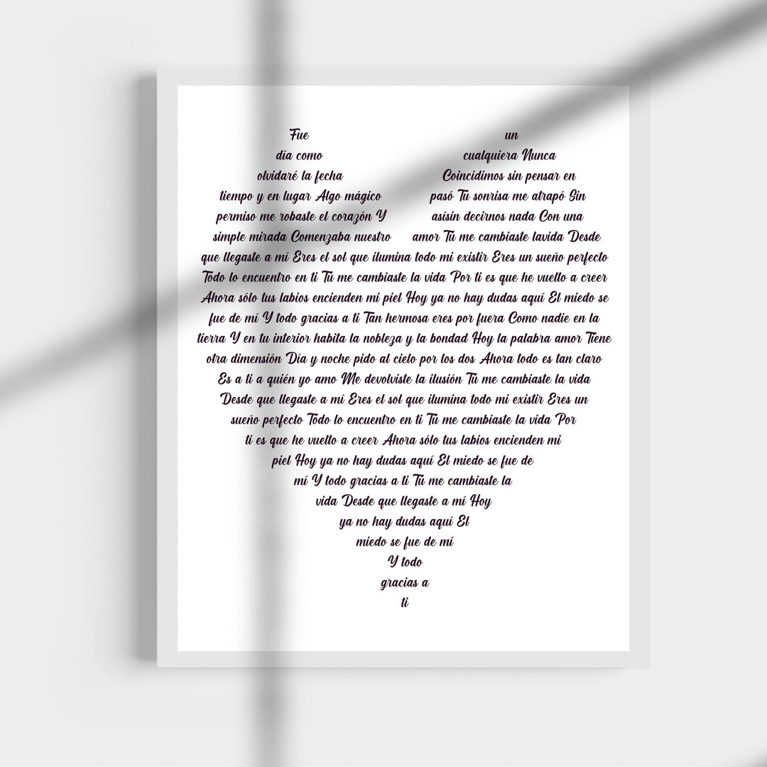 "Tu Me Cambiaste La Vida" Spanish Love Song Wall Art -11 x 14" Romantic Music Lyrics Wall Print -Ready to Frame. Loving Home-Bedroom-Studio Decor. Cute Gift for Couples &amp; Valentines!