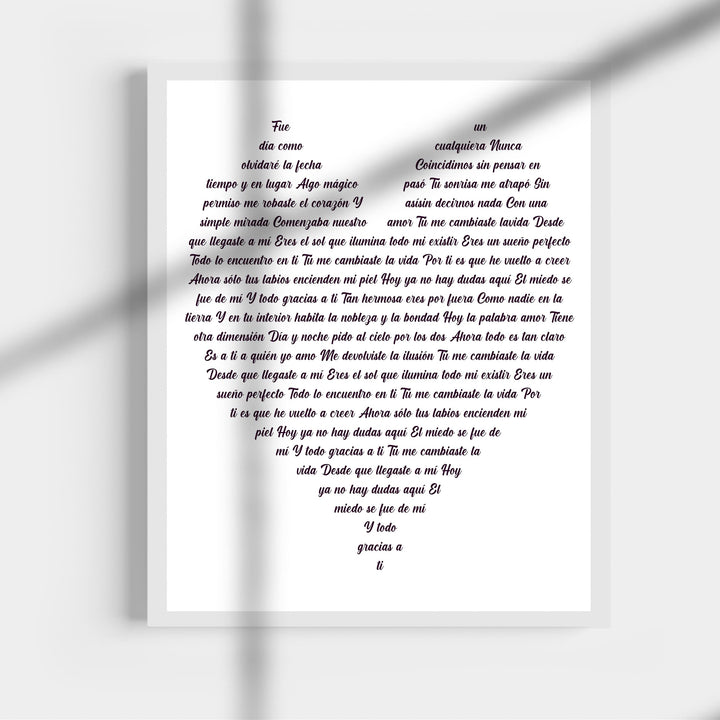 "Tu Me Cambiaste La Vida" Spanish Love Song Wall Art -11 x 14" Romantic Music Lyrics Wall Print -Ready to Frame. Loving Home-Bedroom-Studio Decor. Cute Gift for Couples &amp; Valentines!