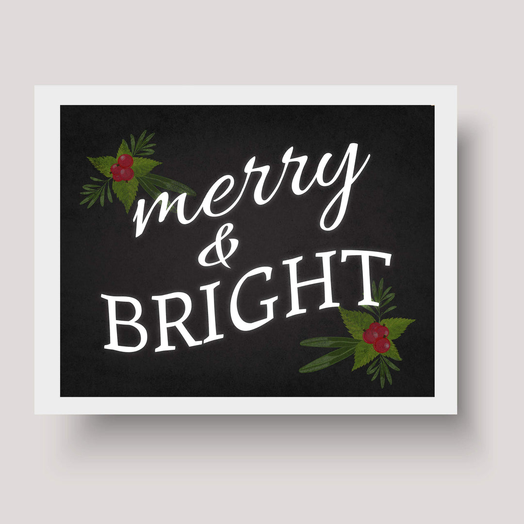 Merry &amp; Bright Christmas Decor Wall Art -10 x 8" Modern Holiday Art Print-Ready to Frame. Festive Home-Kitchen-Farmhouse Decor. Perfect Welcome Sign and Winter Decoration! Great Christian Gift!