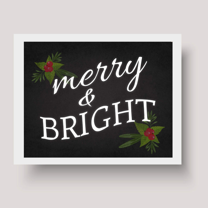 Merry &amp; Bright Christmas Decor Wall Art -10 x 8" Modern Holiday Art Print-Ready to Frame. Festive Home-Kitchen-Farmhouse Decor. Perfect Welcome Sign and Winter Decoration! Great Christian Gift!