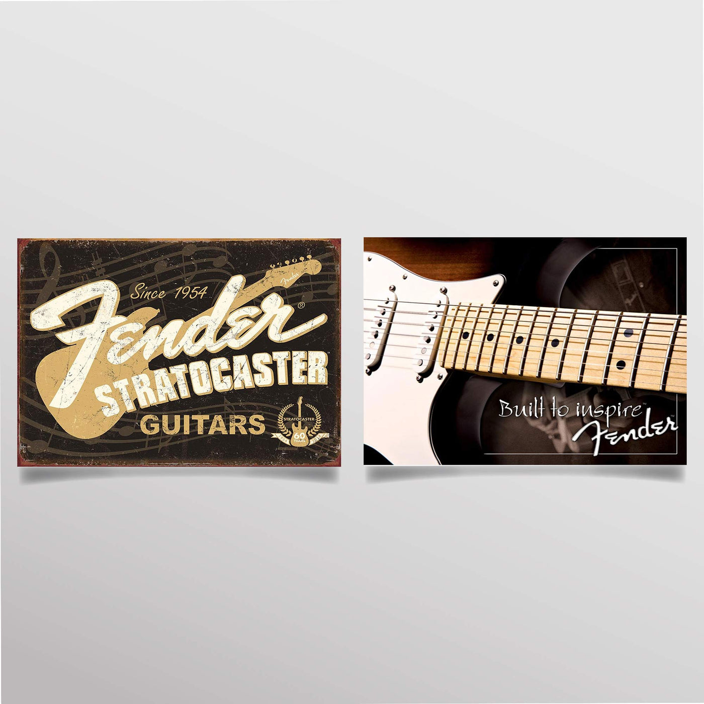 Fender Guitar- Retro Poster Prints-"Stratocaster-Built to Inspire"- Wall Art Set of Two-10 x 8's Music Wall Decor-Ready To Frame. Modern-Distressed Replica's. Home-Bar-Cave Decor. Guitar's Dream Gift.