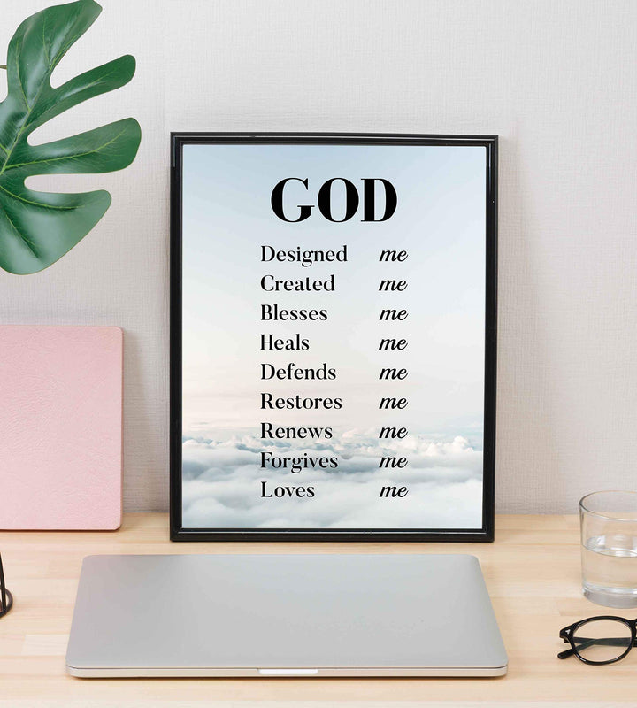 God Created-Blesses-Restores-Loves Me-Spiritual Wall Art-8 x 10" Modern Typographic Poster Print-Ready to Frame. Inspirational Home-Office-Church D?cor. Great Christian Gift of God&