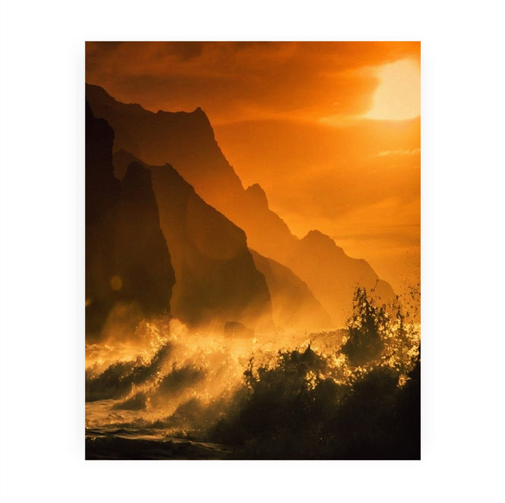 Sunset Beach with Waves Inspirational Ocean Wall Art -8 x 10" Beach &amp; Coastal Picture Print -Splashing Waves in the Sunset -Ready to Frame. Perfect Home-Bedroom-Office-Studio-Beach House Decor.