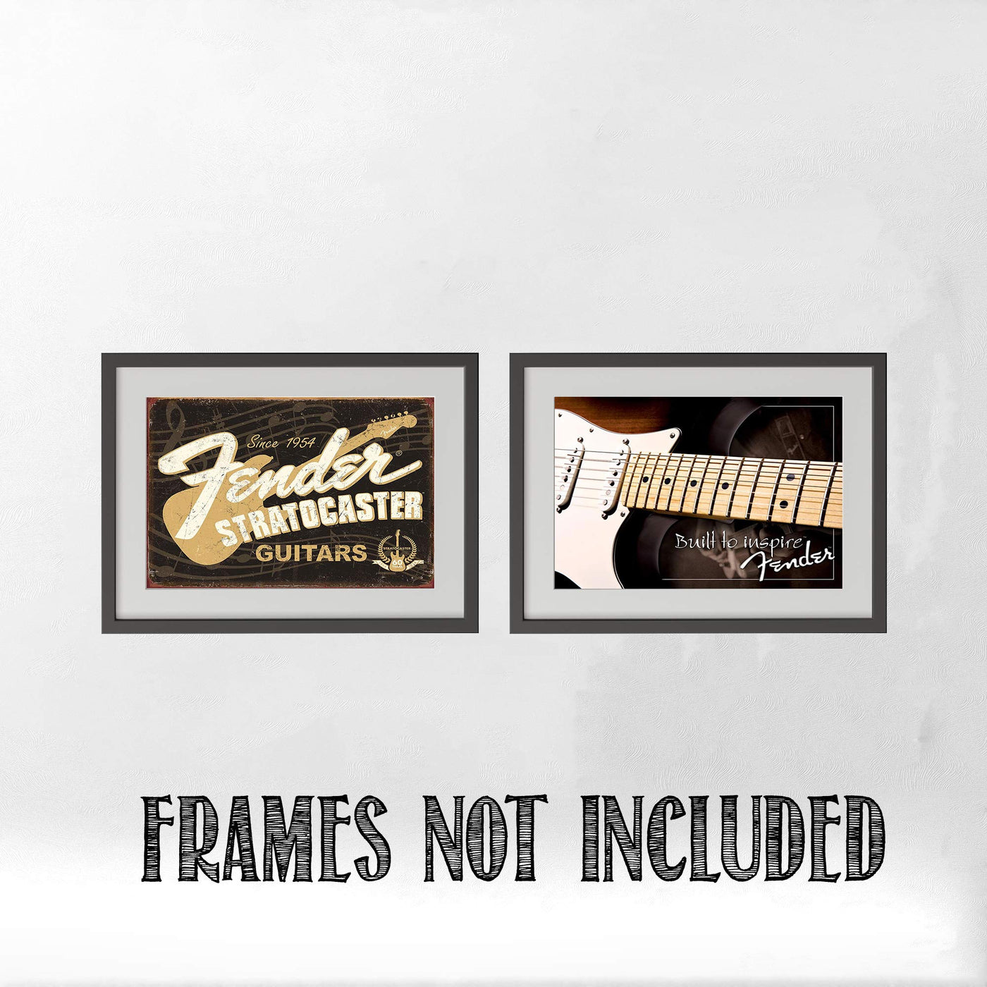 Fender Guitar- Retro Poster Prints-"Stratocaster-Built to Inspire"- Wall Art Set of Two-10 x 8's Music Wall Decor-Ready To Frame. Modern-Distressed Replica's. Home-Bar-Cave Decor. Guitar's Dream Gift.